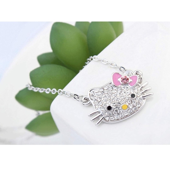 White Gold Plated Bow Tie Hello Kitty Pendant with Multi-Color CZ Necklace- Pink - Picture 3 of 6